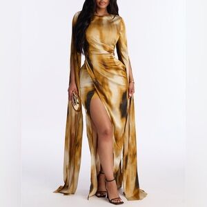 ETERNAL FLAMES DRAPED SATIN GOWN - MUSTARD/COMBO -